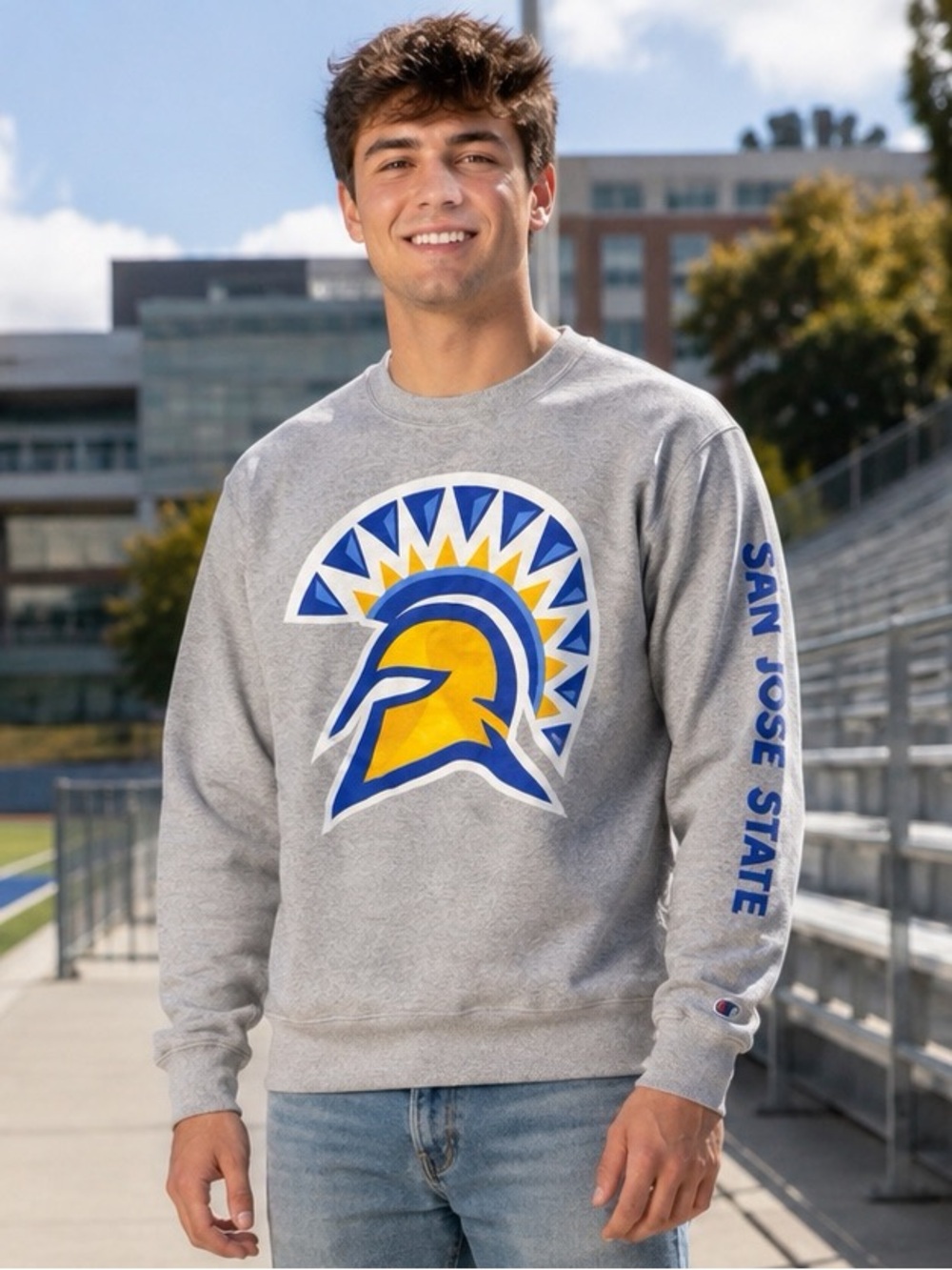 Champion Gray Crewneck with Blue and Yellow Spartan Logo